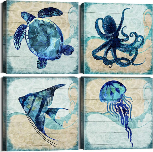 Teal Ocean Animal Bathroom Wall Decor for Kids Bedroom Art