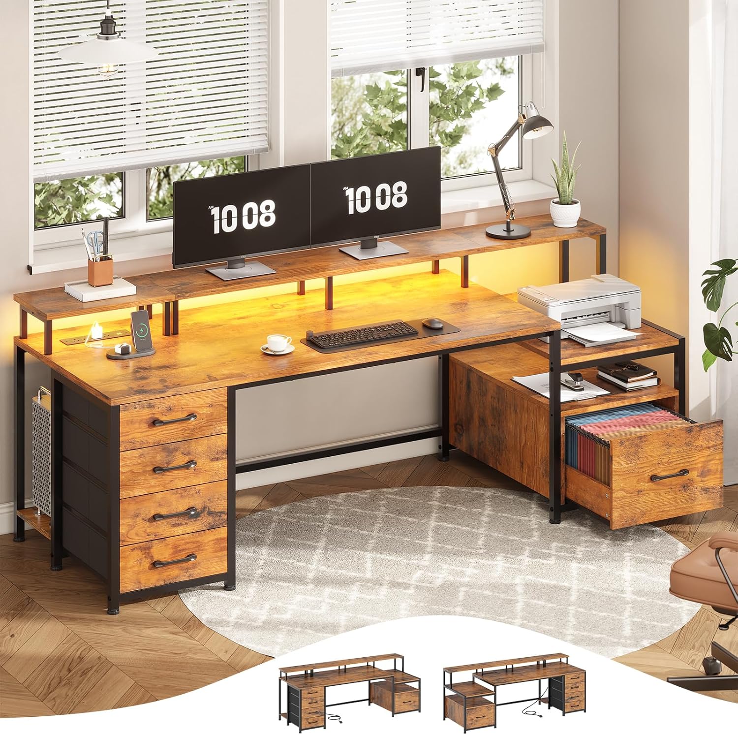75'' Home Office Desk with Power Outlet & LED Lights