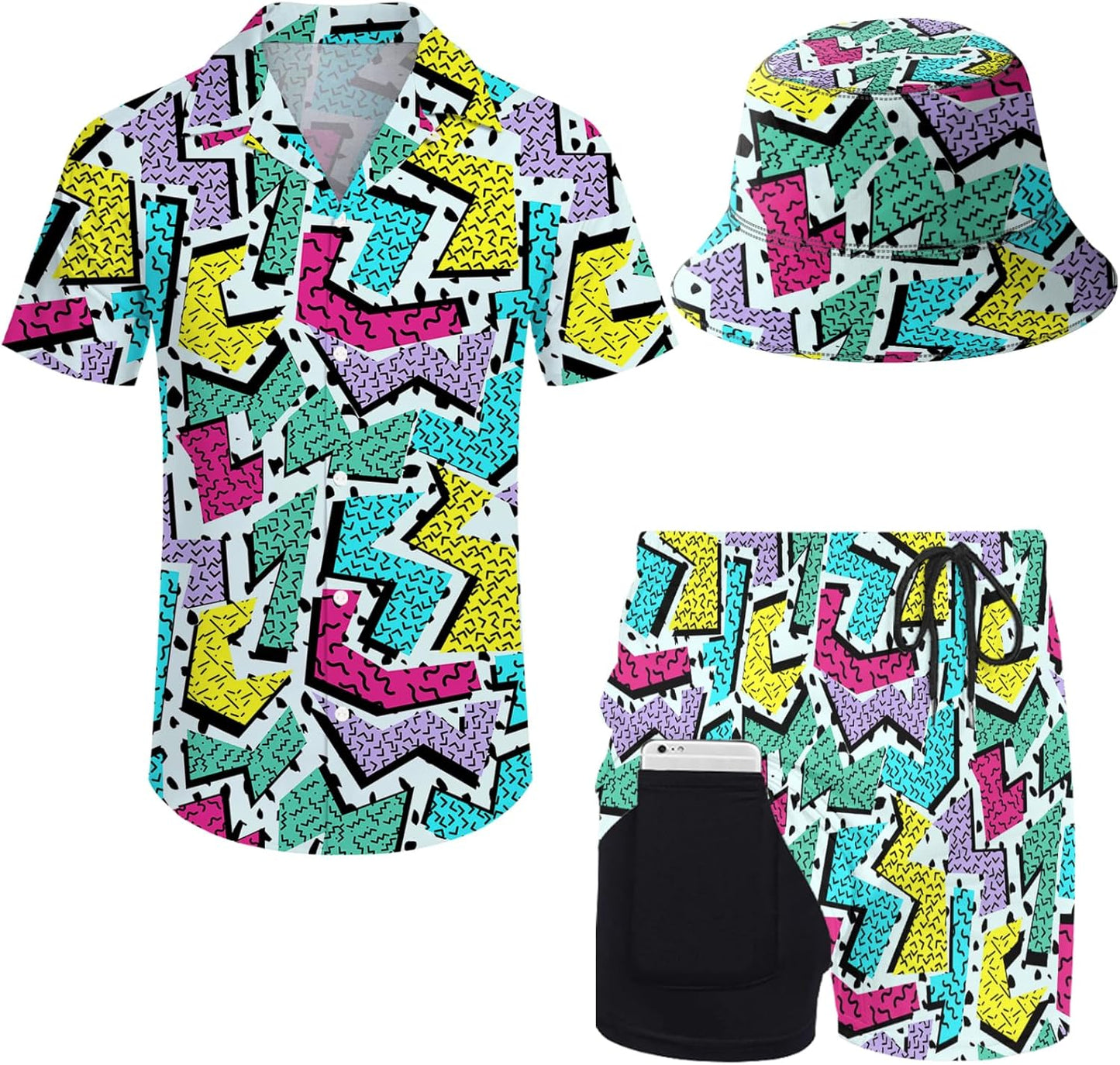 Mens 2 Piece Tracksuit Hawaiian Button Down Shirt Set with Hat