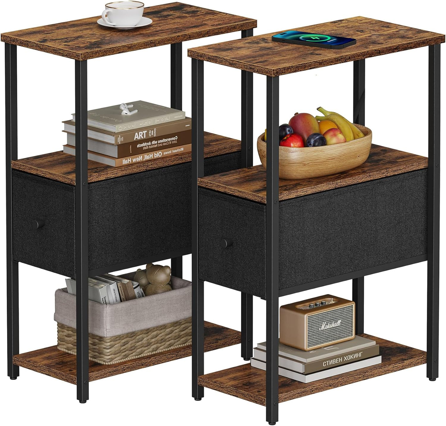 TUTOTAK Small Narrow End Table Set with Cloth Drawer for Storage