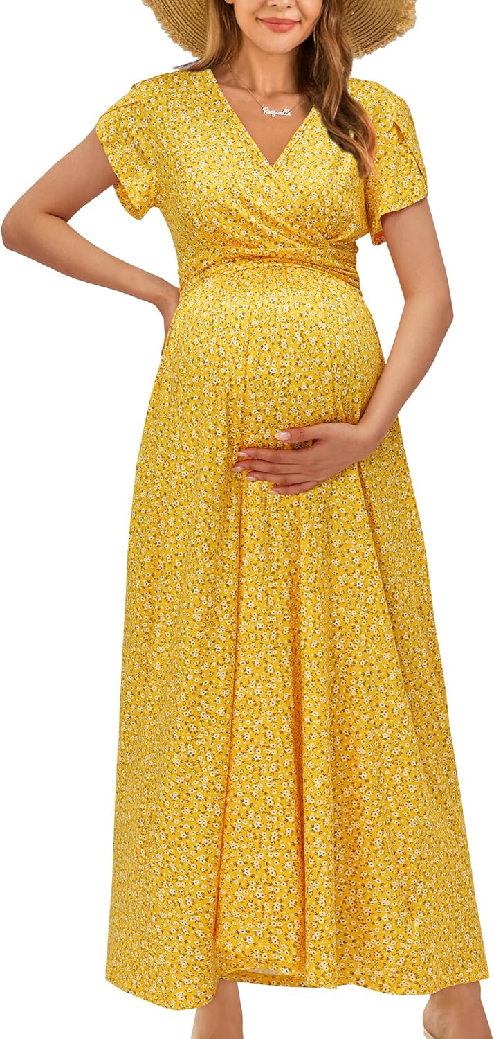 OUGES Maternity Maxi Dress Wrap V Neck for Baby Shower Events