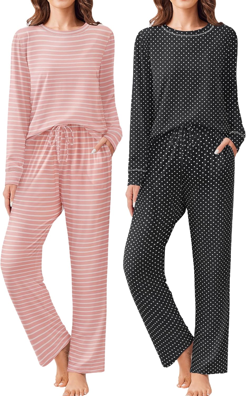 Ekouaer 2 Pack Women Pajama Long Sleeve Sleepwear Sets with Pockets