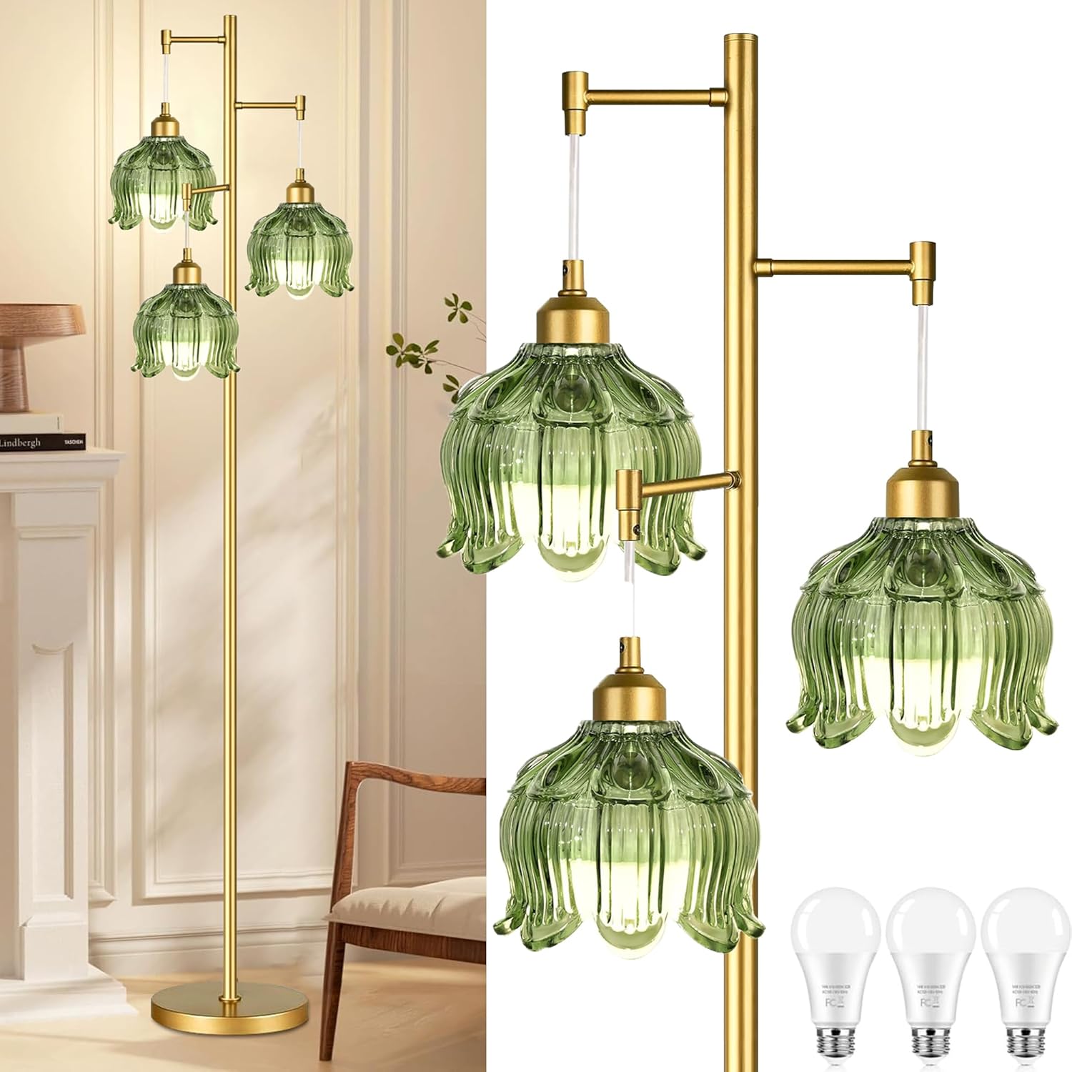Gold Floor Lamp with Unique Green Glass Shades for Living Room