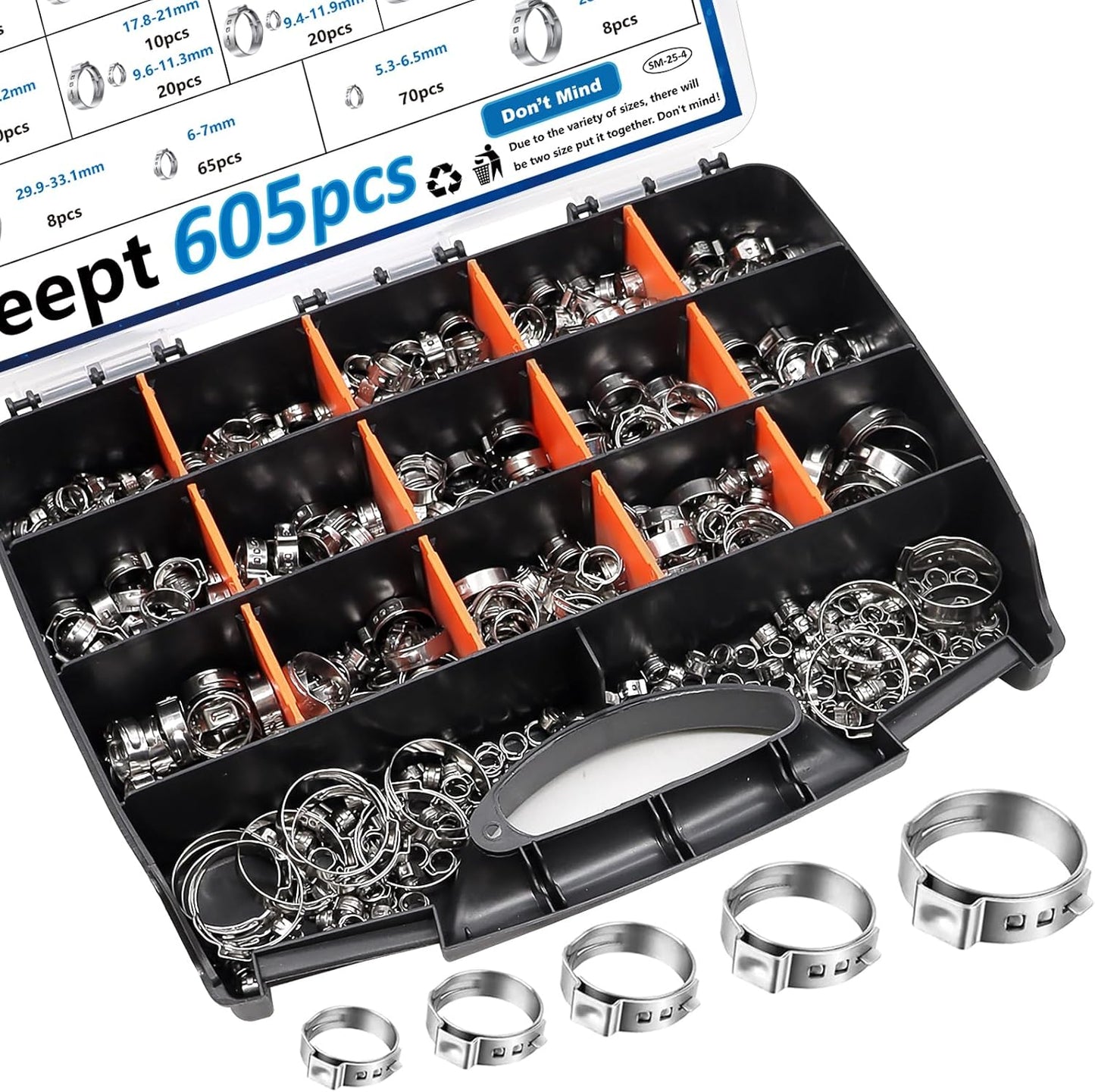605Pcs 22 Sizes Single Ear Hose Clamps for Automotive Use