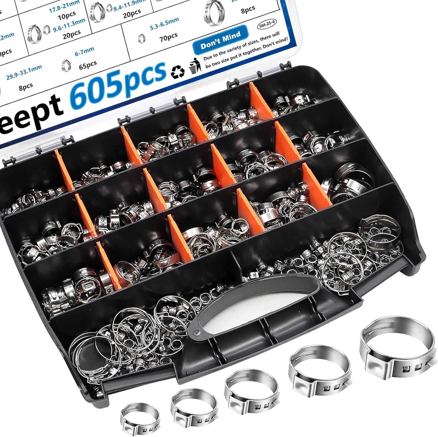 605Pcs 22 Sizes Single Ear Hose Clamps for Automotive Use