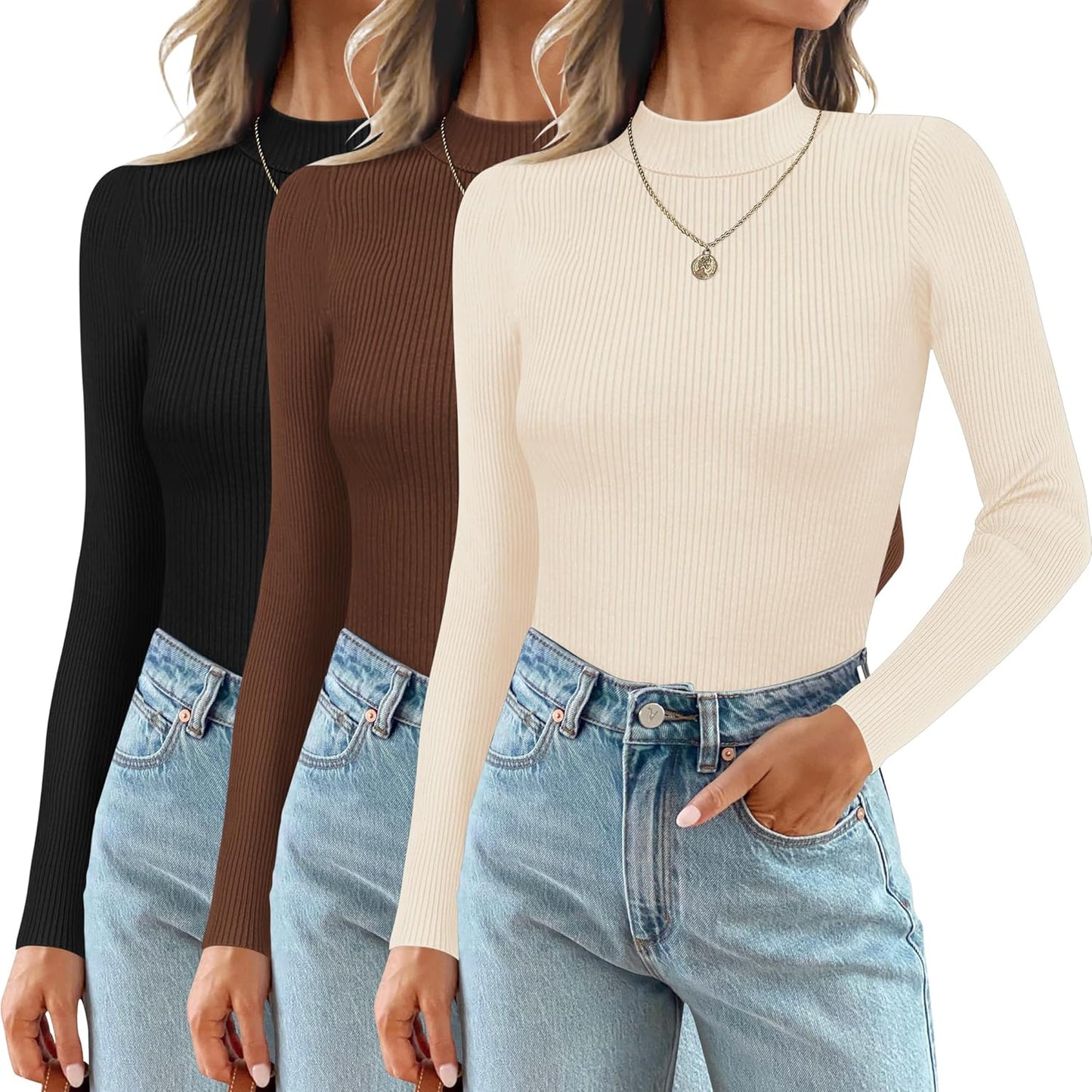 Ekouaer 3 Pack Mock Turtlenecks for Women - Stylish Thermal Tops