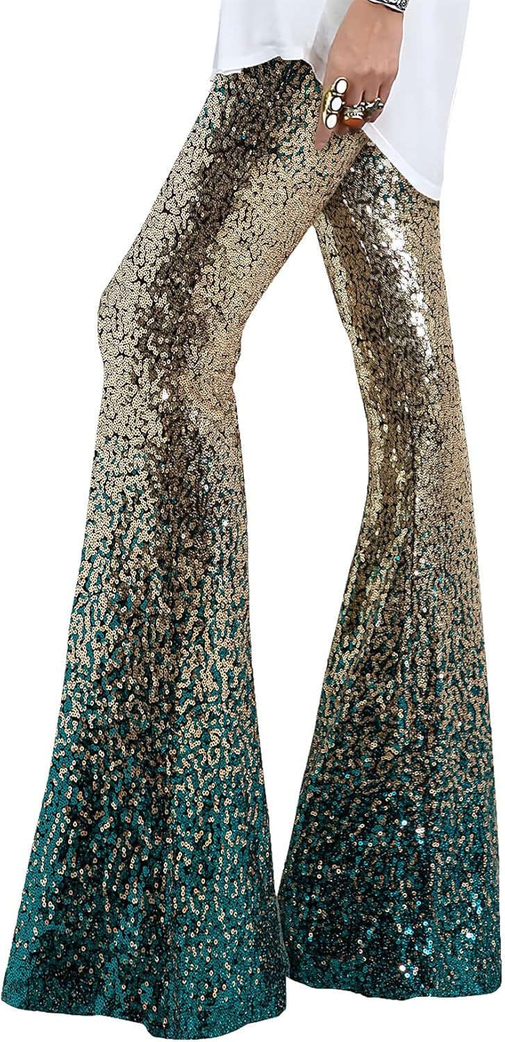EVALESS Women Sequin Pants Sparkly Glitter High Waisted Flare