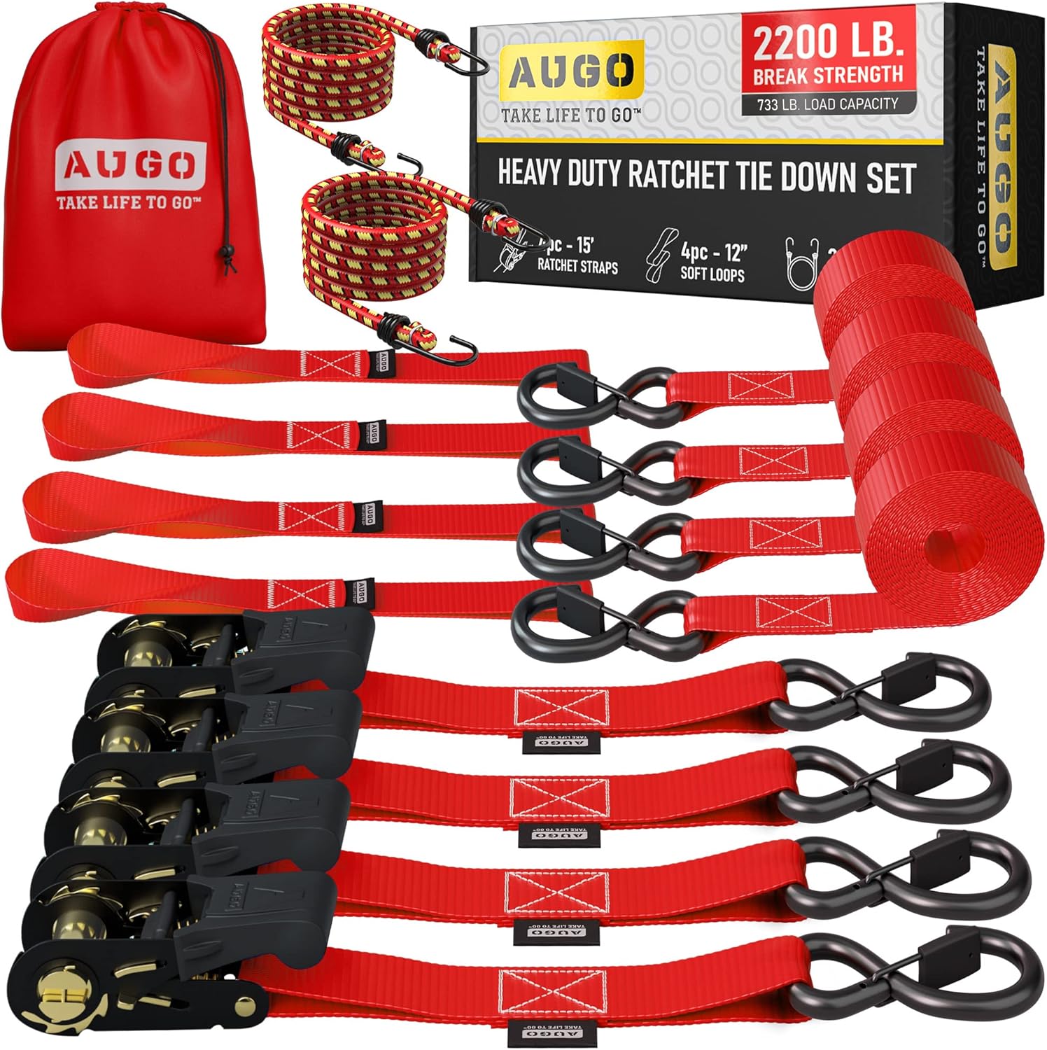 AUGO Heavy Duty Ratchet Straps 15 Ft 2200 LB Break Strength