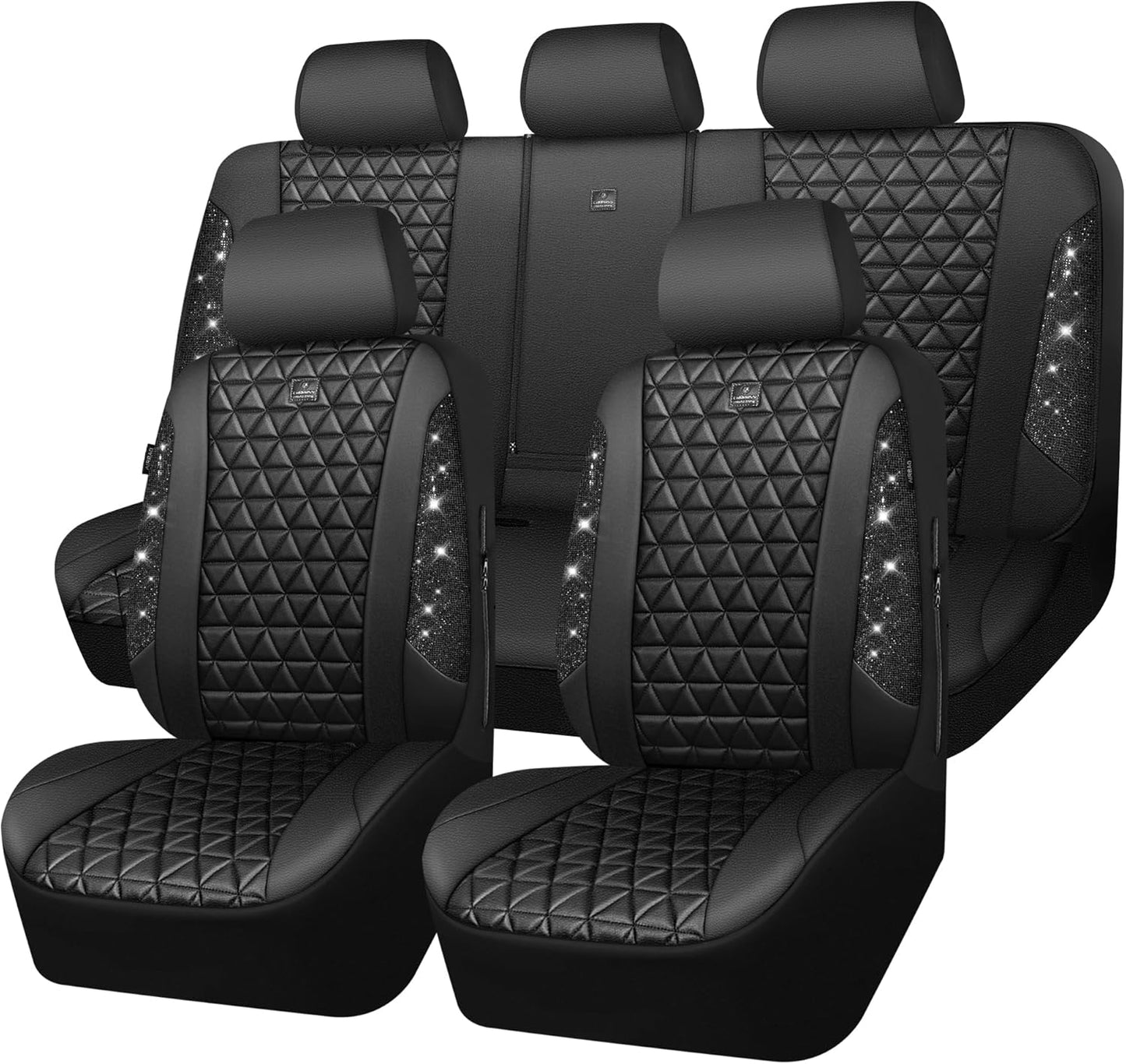 Bling Diamond Black Leather Car Seat Covers Full Set for Women