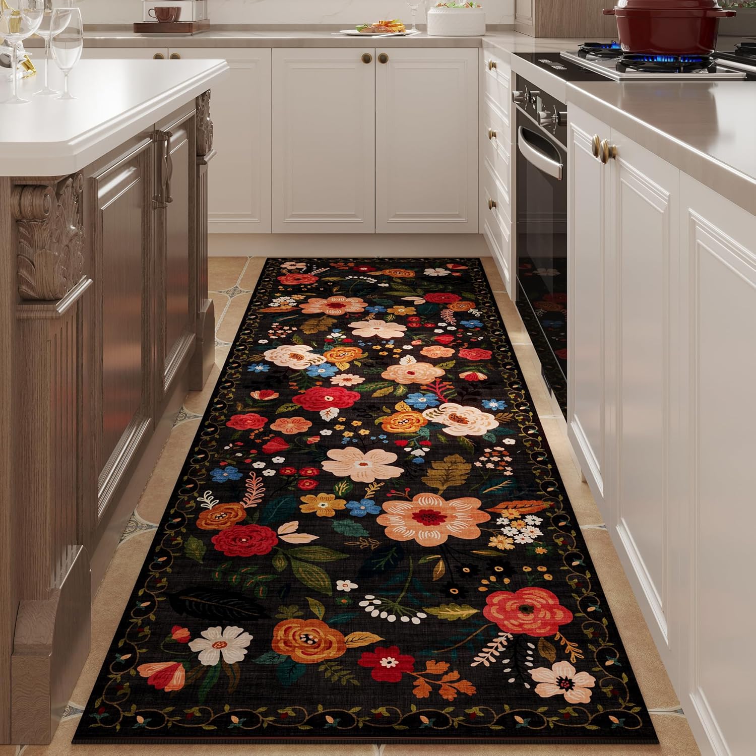 Runner Rug for Hallways Kitchen Non Slip Washable Floral Design