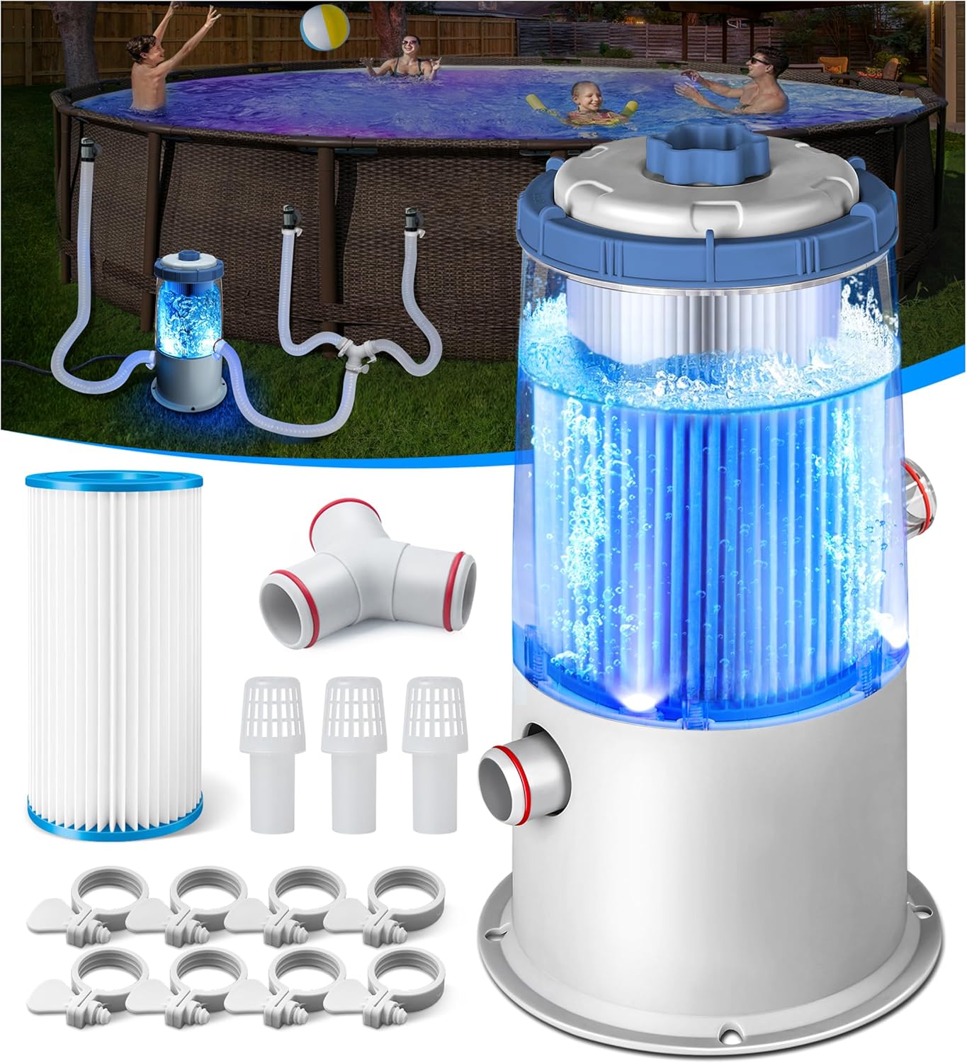 1000 GPH Light-Up Pool Filter Pump for Above Ground Pools