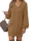 Women's Pullovers Jumper Sweaters Lantern Sleeve V Neck Knit Mini