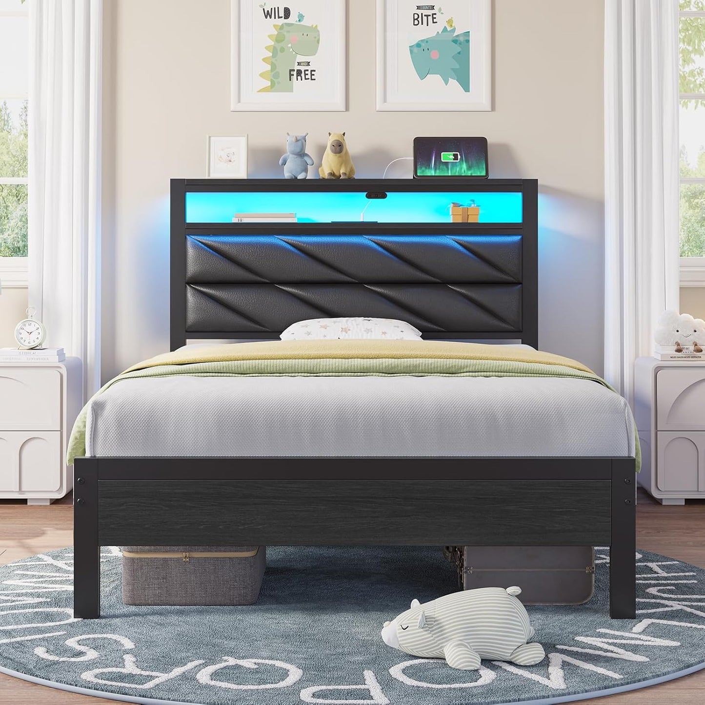 Seventable Twin Bed Frame with LED Lights and Storage Options