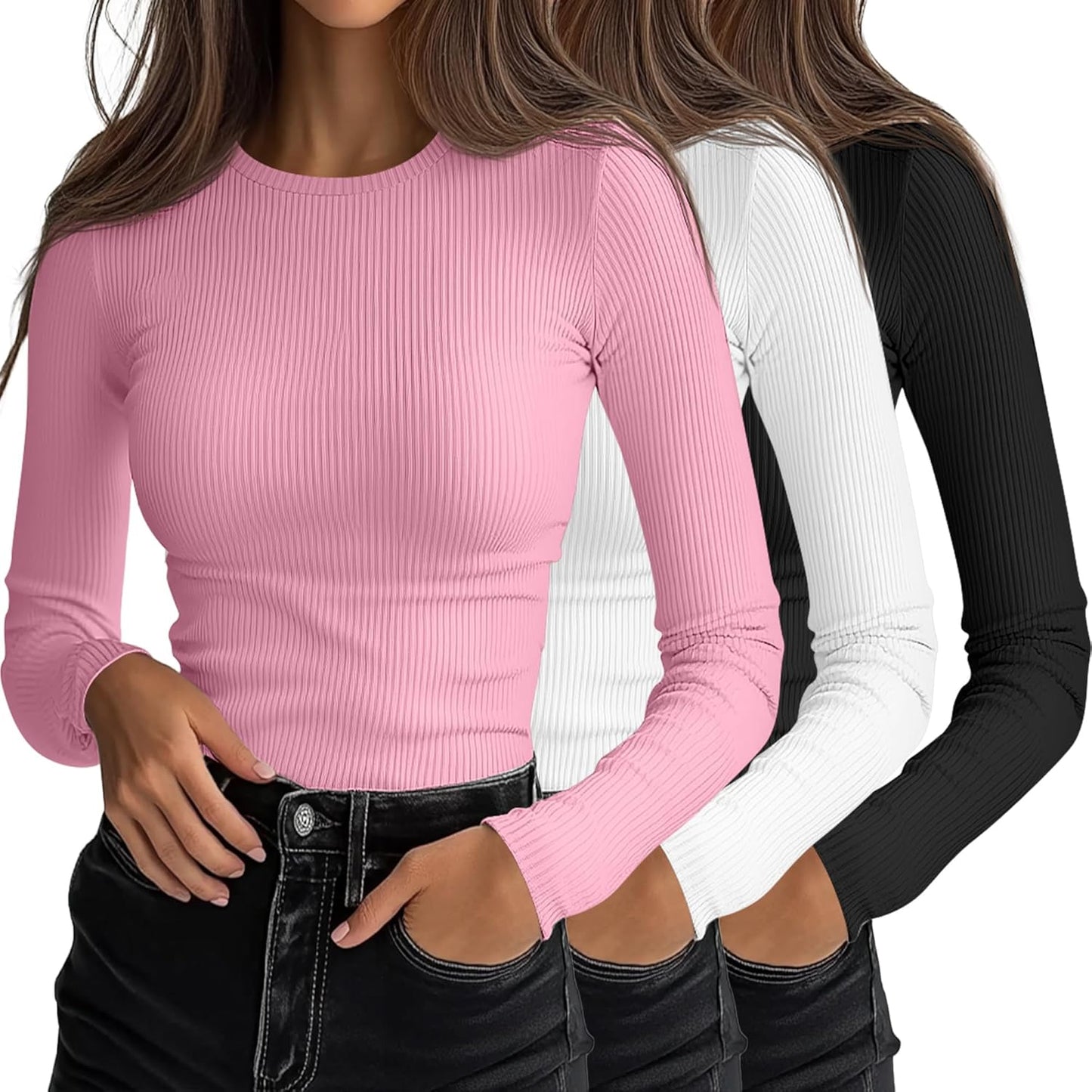 Ficerd Women's Ribbed Long Sleeve Tops for Casual Layering