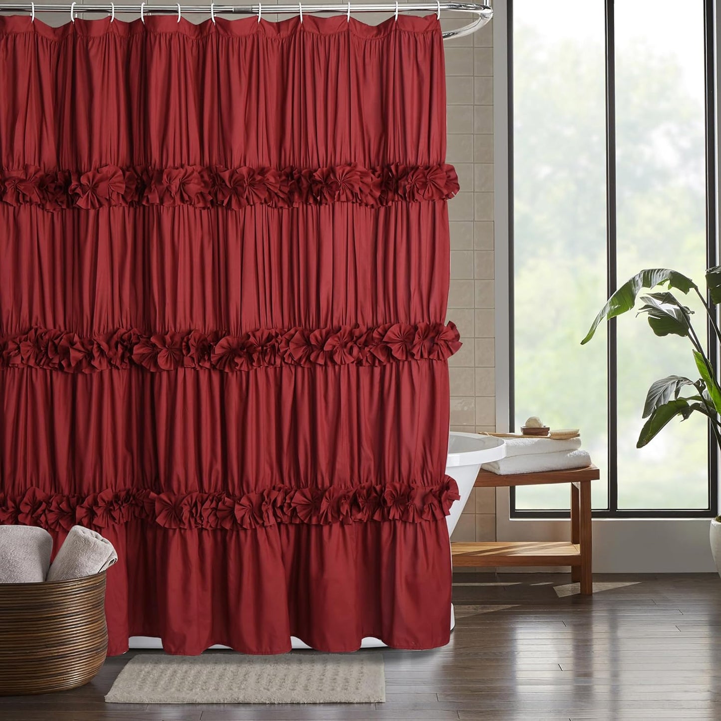 Burgundy Ruffle Shower Curtain for a Vintage Bathroom Style