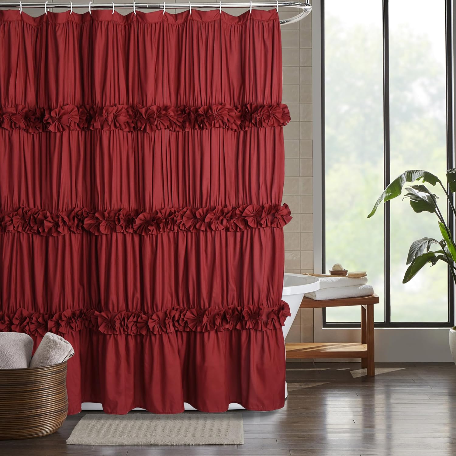 Burgundy Ruffle Shower Curtain for a Vintage Bathroom Style