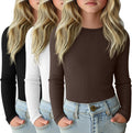 3 Pack Girls Long Sleeve Ribbed Cotton Undershirts - Slim Fit Crewneck
