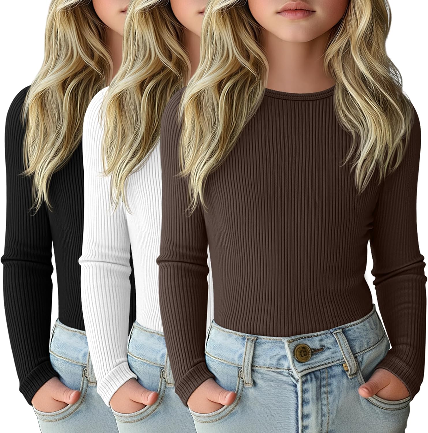 3 Pack Girls Long Sleeve Shirts for Casual Layering Tops