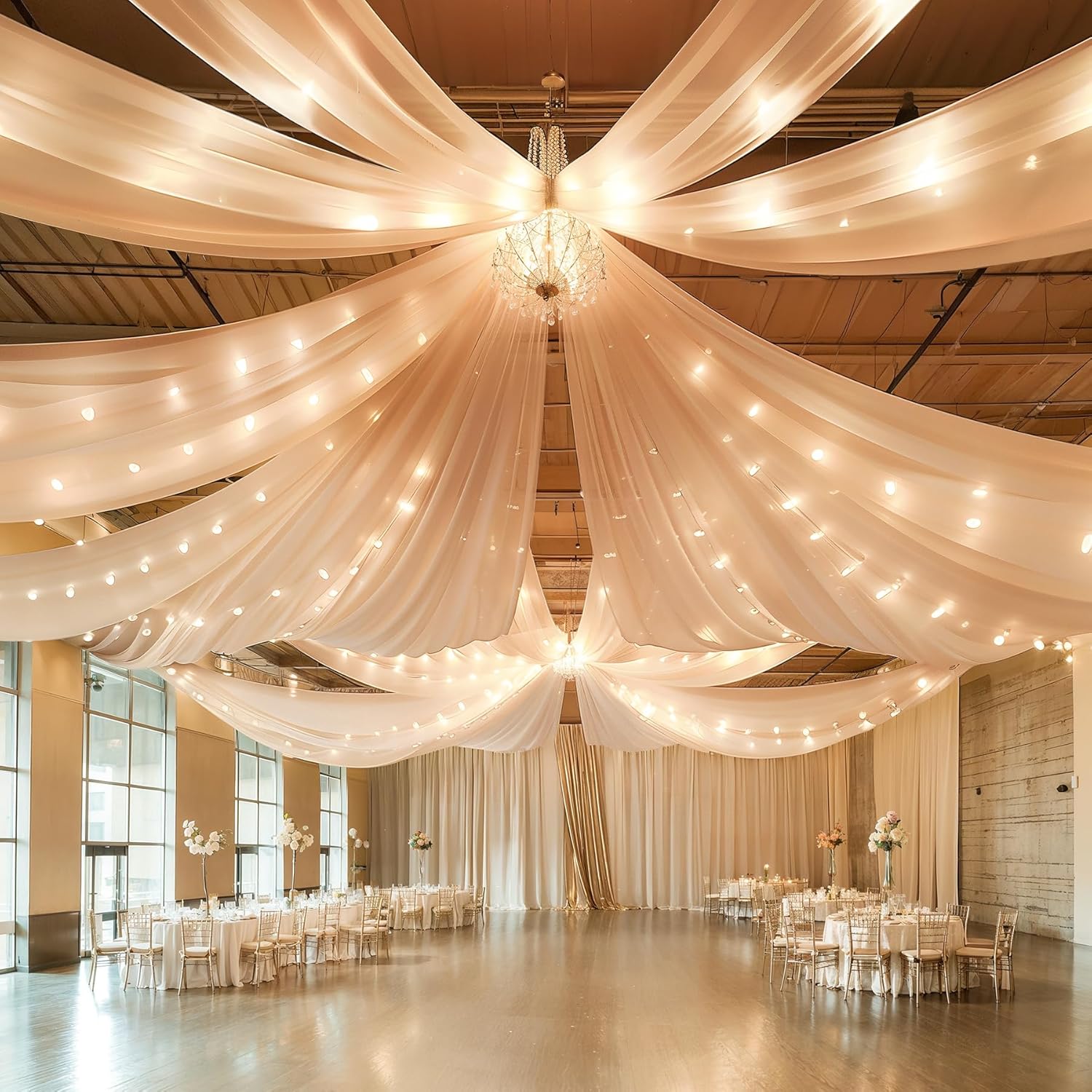 Champagne Ceiling Drapes with Lights for Stunning Wedding Decor