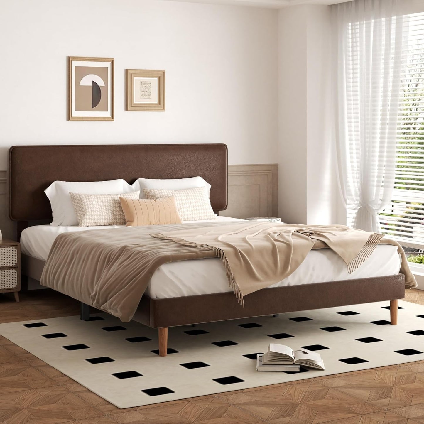 King Size Upholstered Bed Frame with Adjustable Headboard