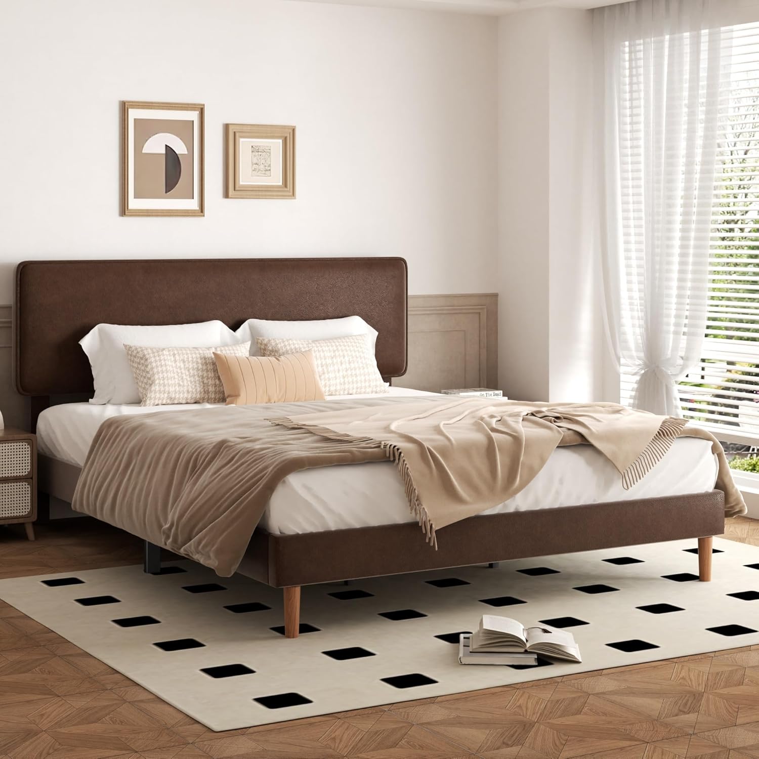 King Size Upholstered Bed Frame with Adjustable Headboard