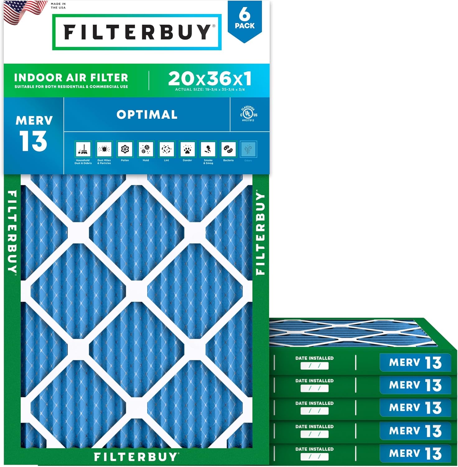 Filterbuy 20x36x1 Air Filter MERV 13 for Smoke & Allergy Defense