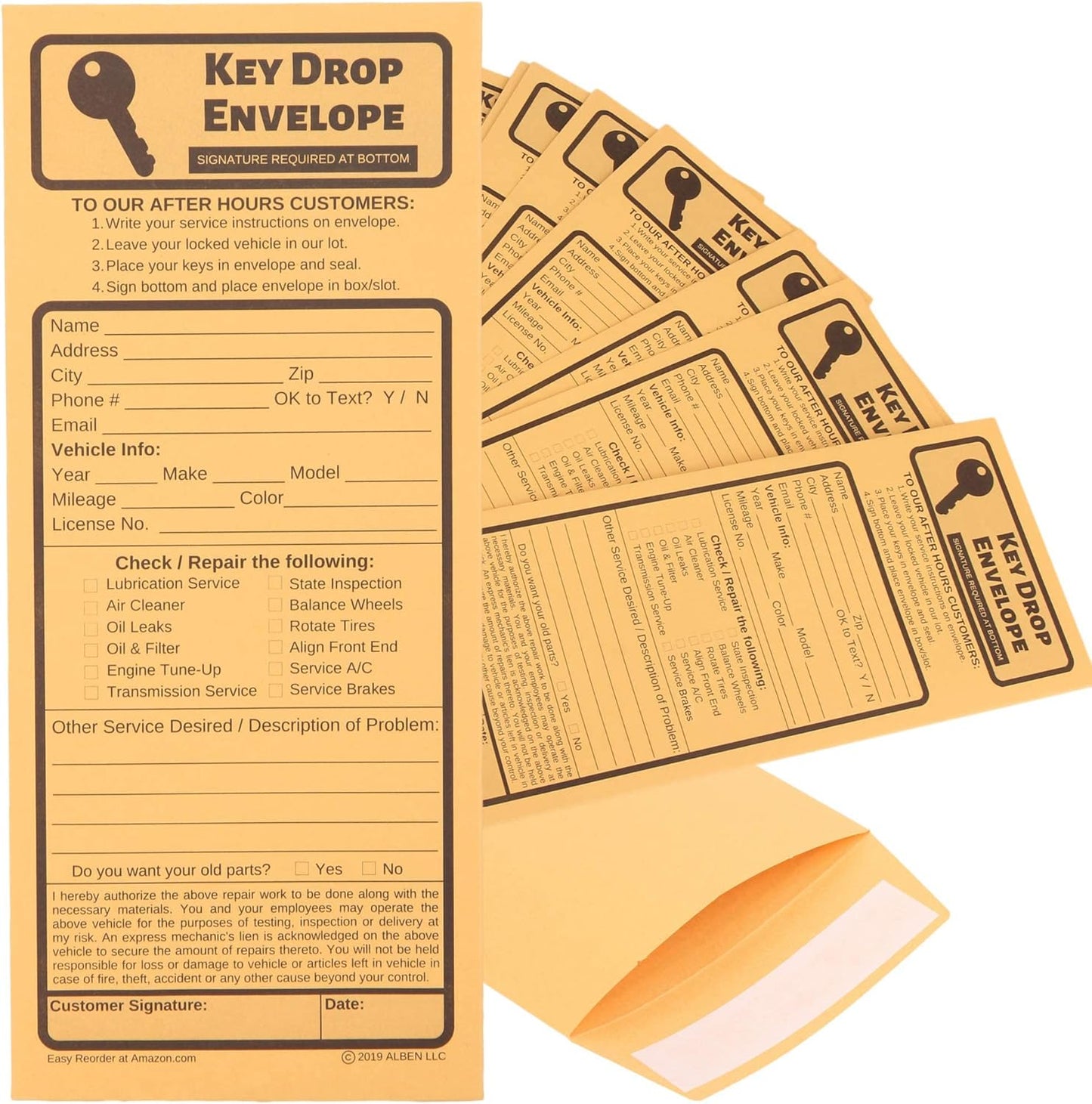 500 Key Drop Off Envelopes for After Hours Auto Shop Repairs