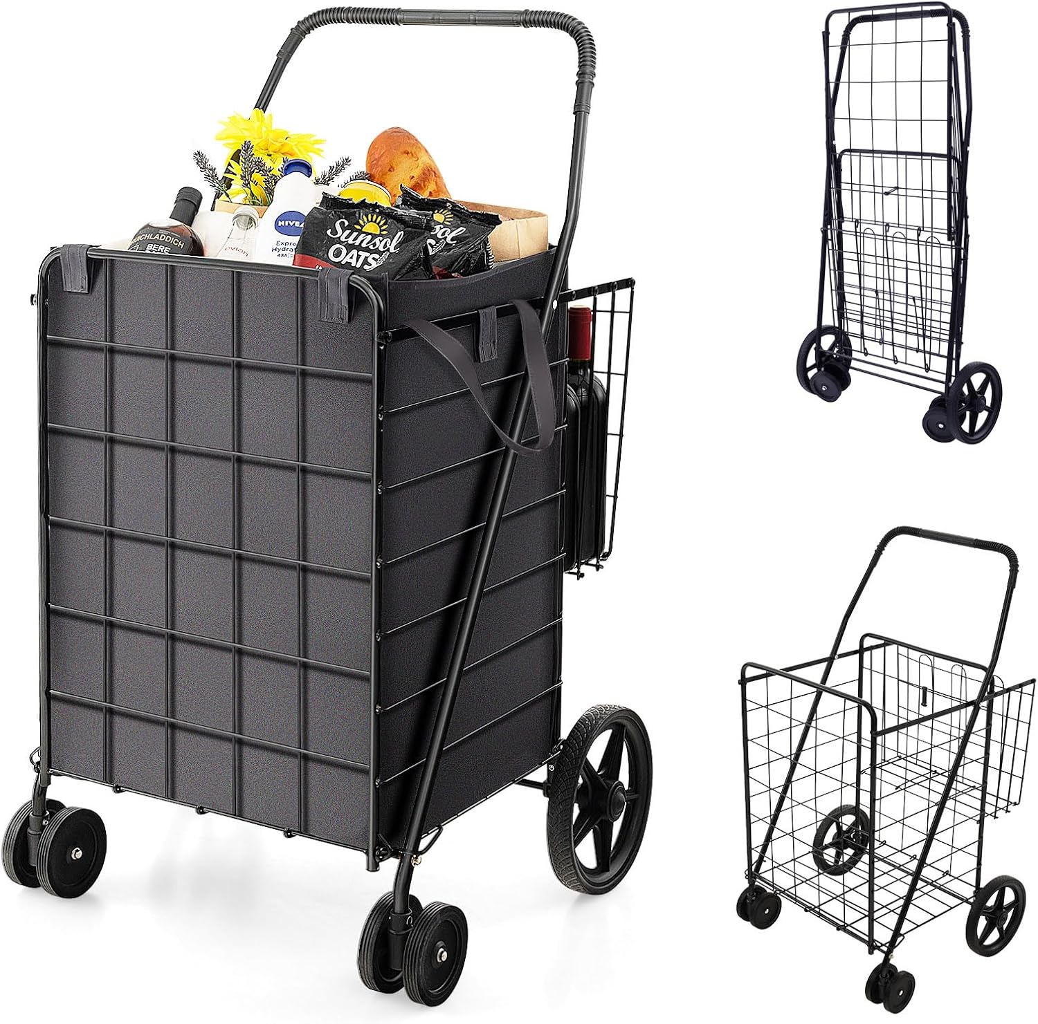 Goplus Jumbo Grocery Cart with Waterproof Liner and Double Basket