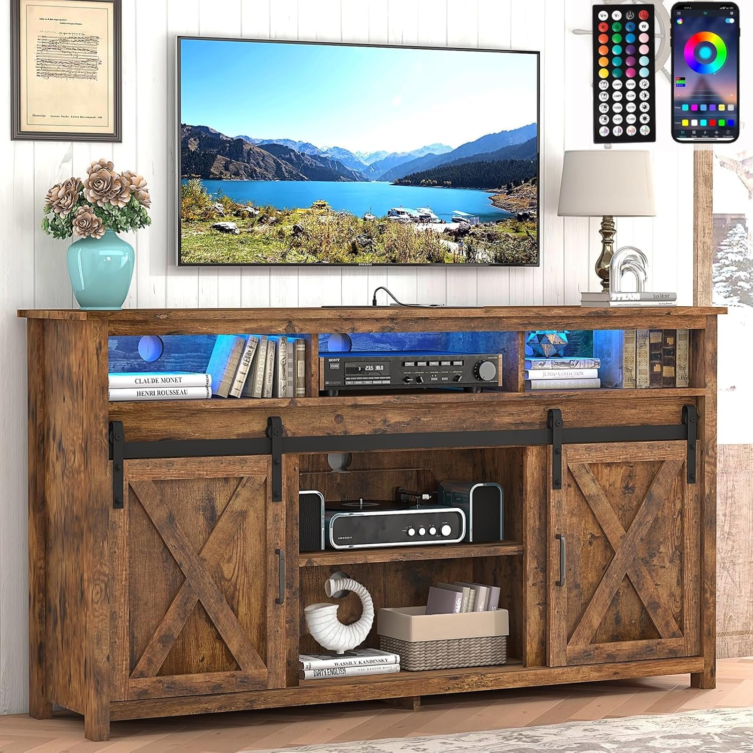 Farmhouse TV Stand: Double Storage, Vintage Brown