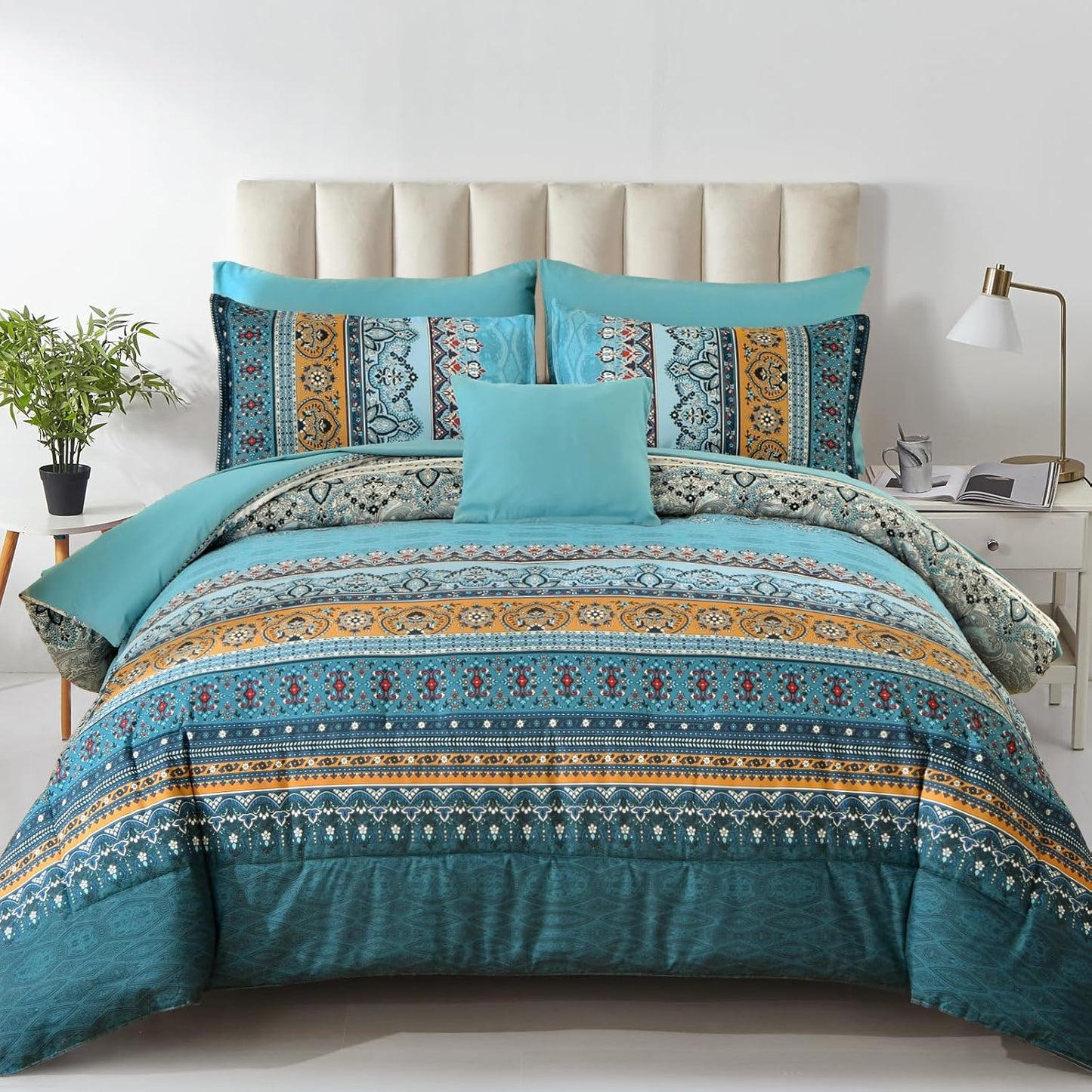 Cottolester Boho Queen Comforter Set 8 Pieces in Teal and Yellow