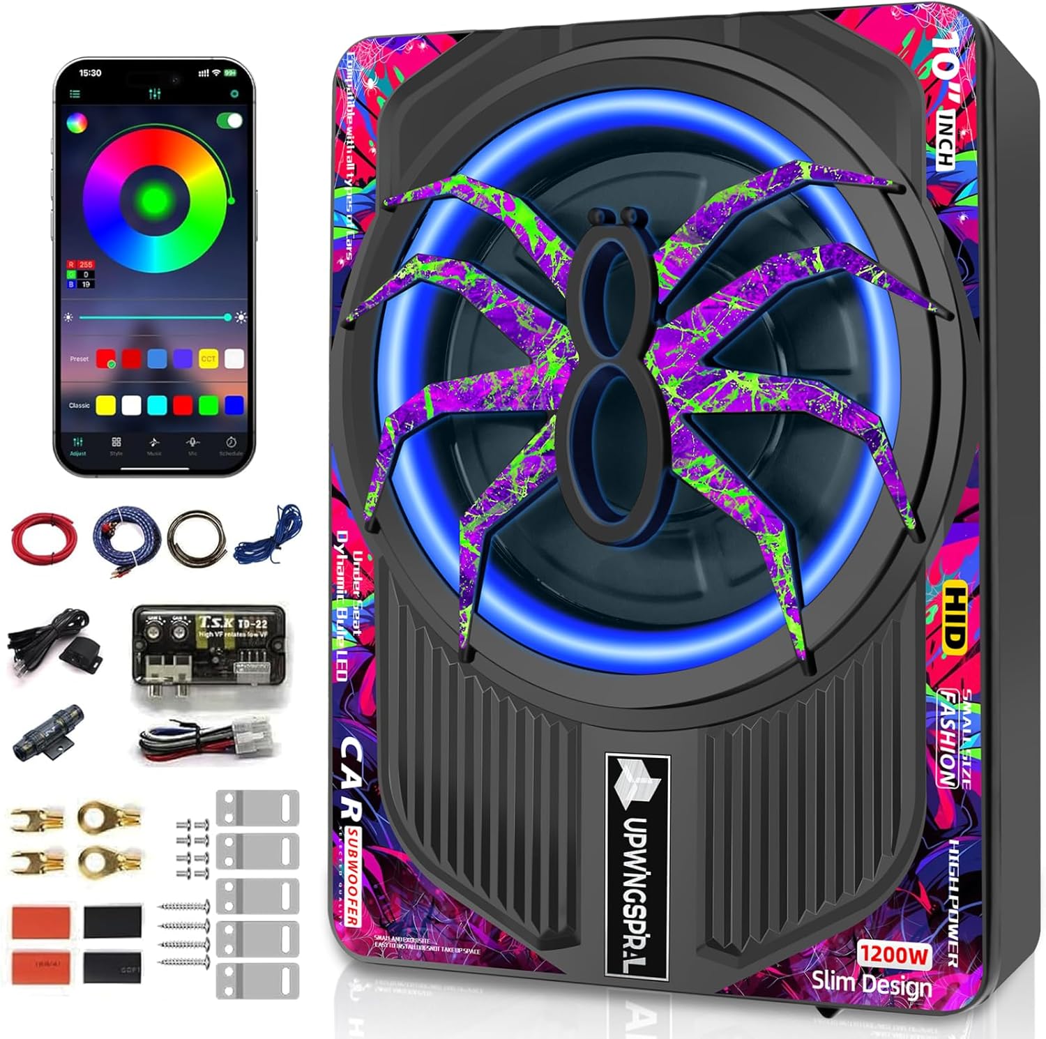 1200W Slim Under Seat Subwoofer with RGB Light for Deep Bass