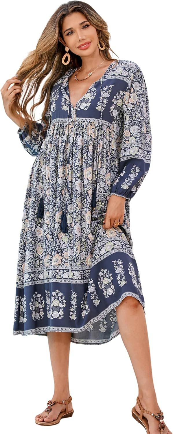 R.Vivimos Women's Long Sleeve Floral Print Bohemian Midi Dress