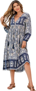 R.Vivimos Womens Long Sleeve Floral V Neck Bohemian Midi