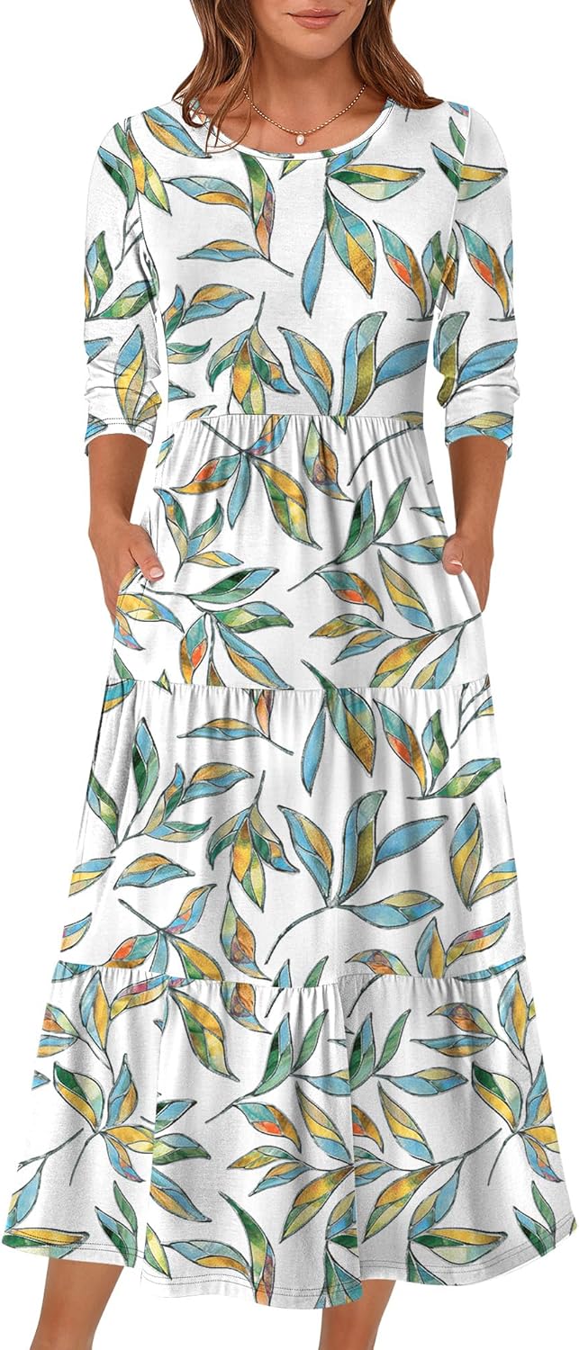 Prinbara Women's 3/4 Sleeve Casual Maxi Floral Dress for Fall