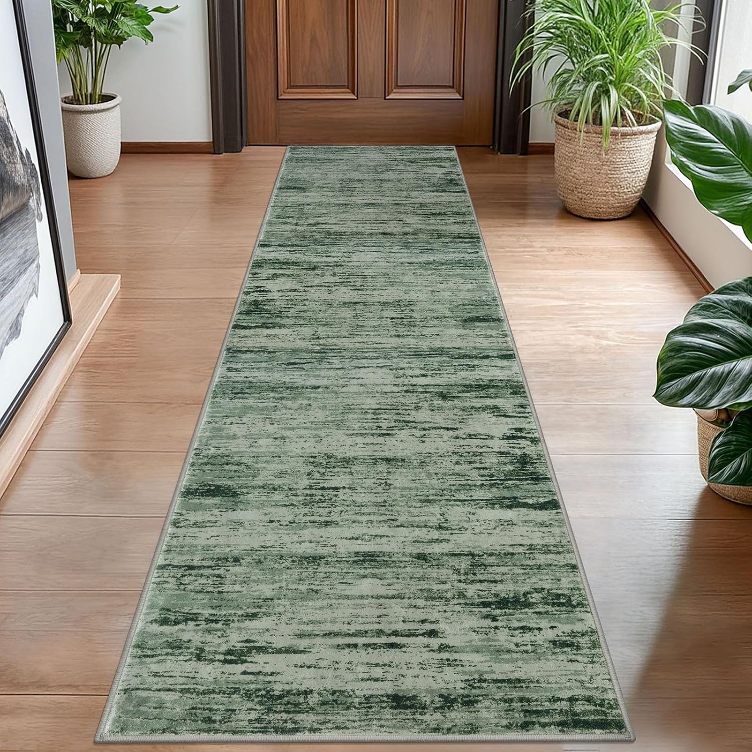 Modern Abstract Hallway Runner Rug in Forest Green for Home