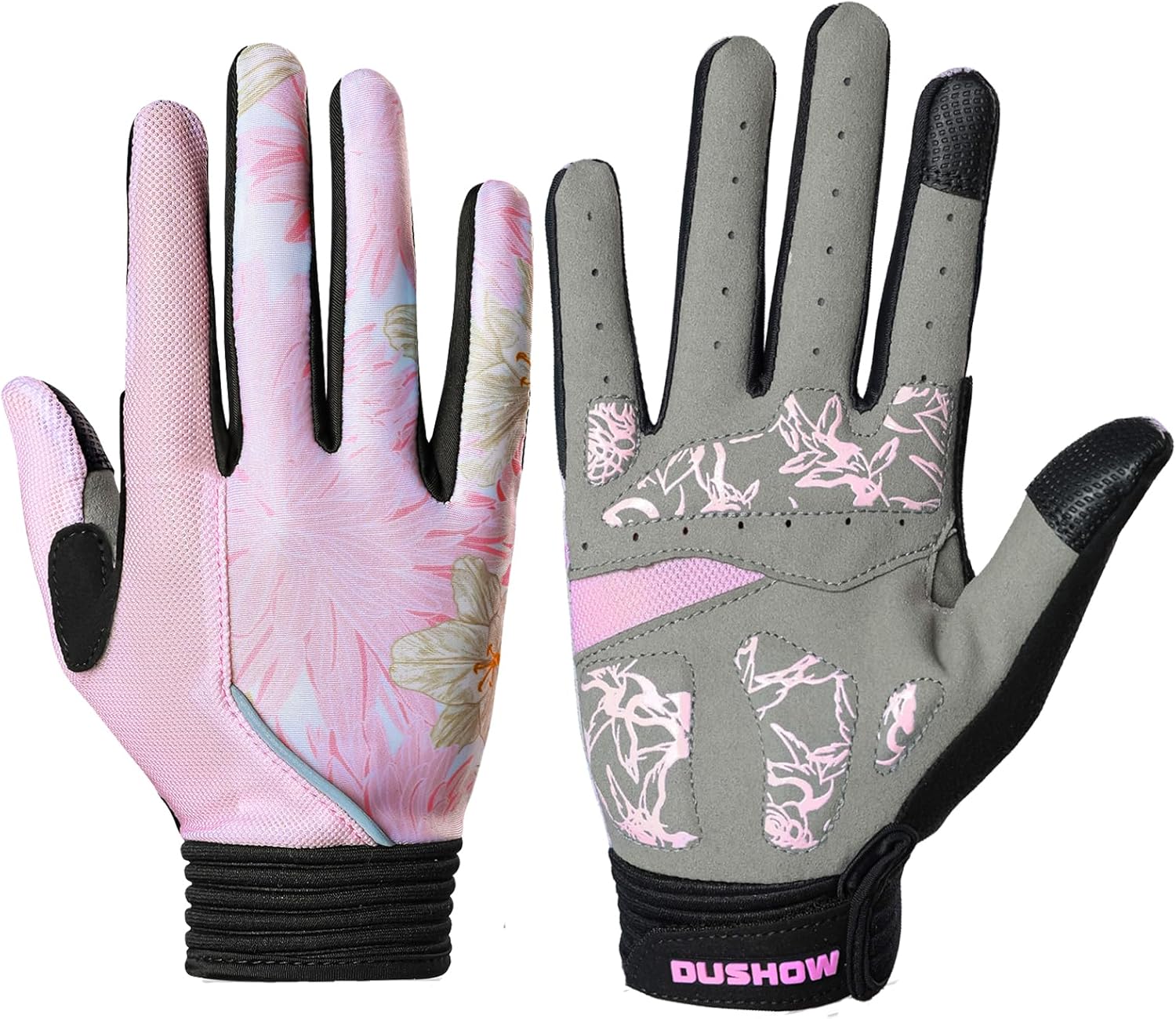 DuShow Pink Floral Bike Gloves - Gel Padded for Women