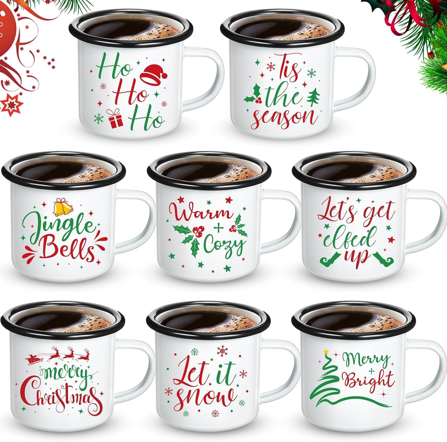 Shellwei 8 Pcs Christmas Mugs Set for Holiday Beverages