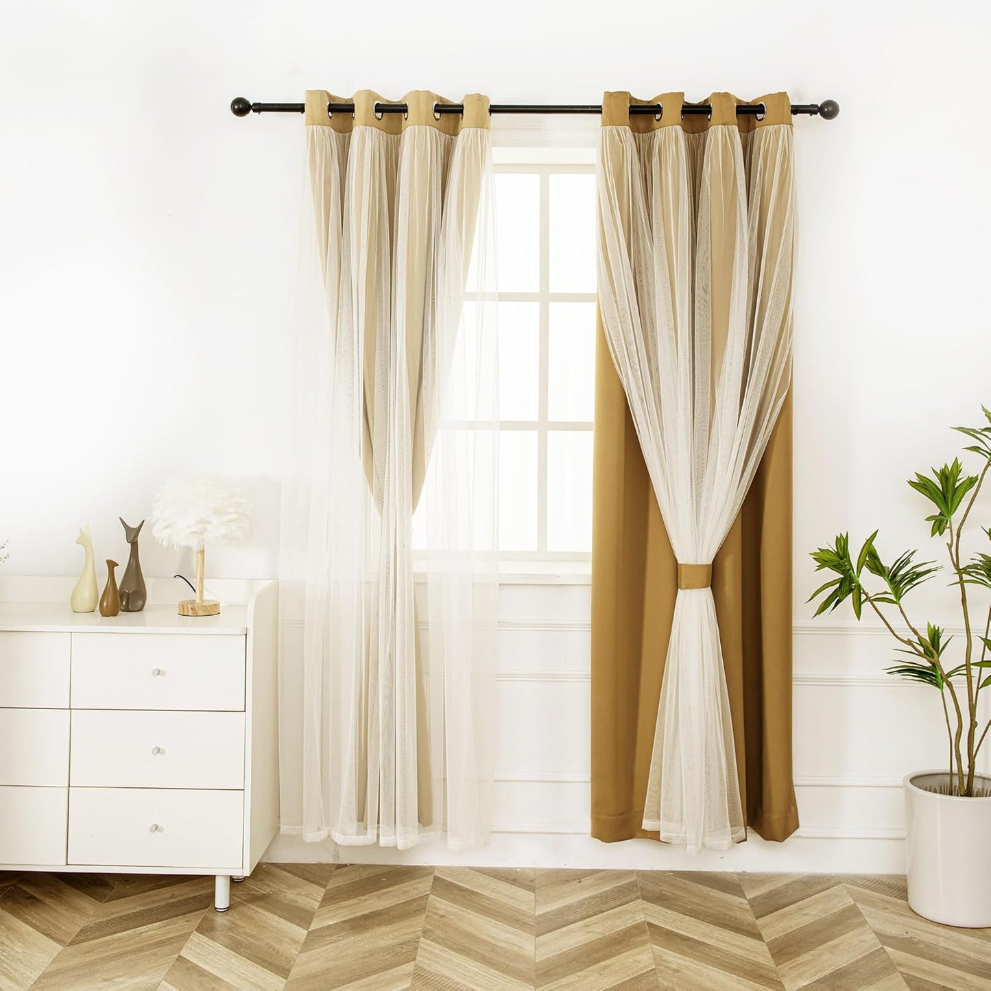 Gold Blackout Curtains with Sheer Overlay for Elegant Rooms