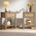Rattan Nightstand Set of 2 - Boho Bedside Tables with Drawer
