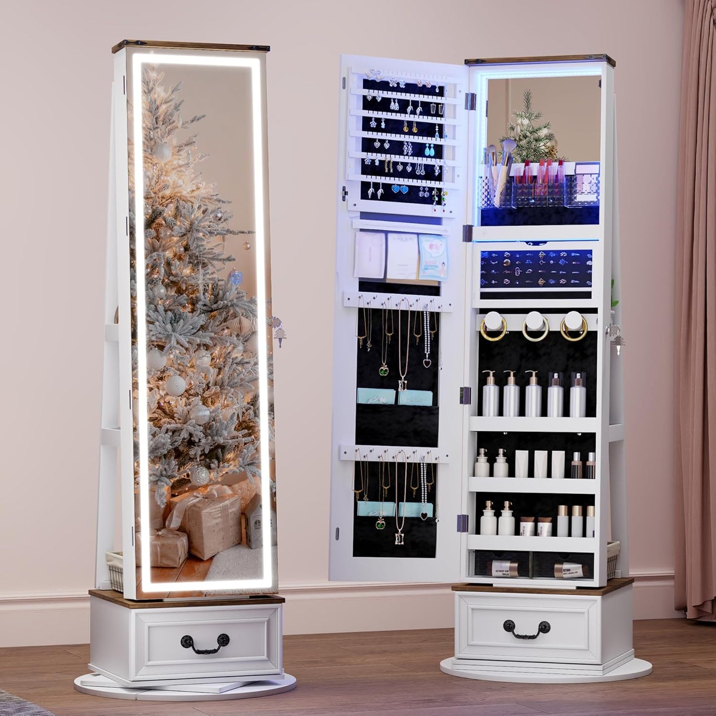 LED Full Length Mirror Jewelry Cabinet with Storage and Lights