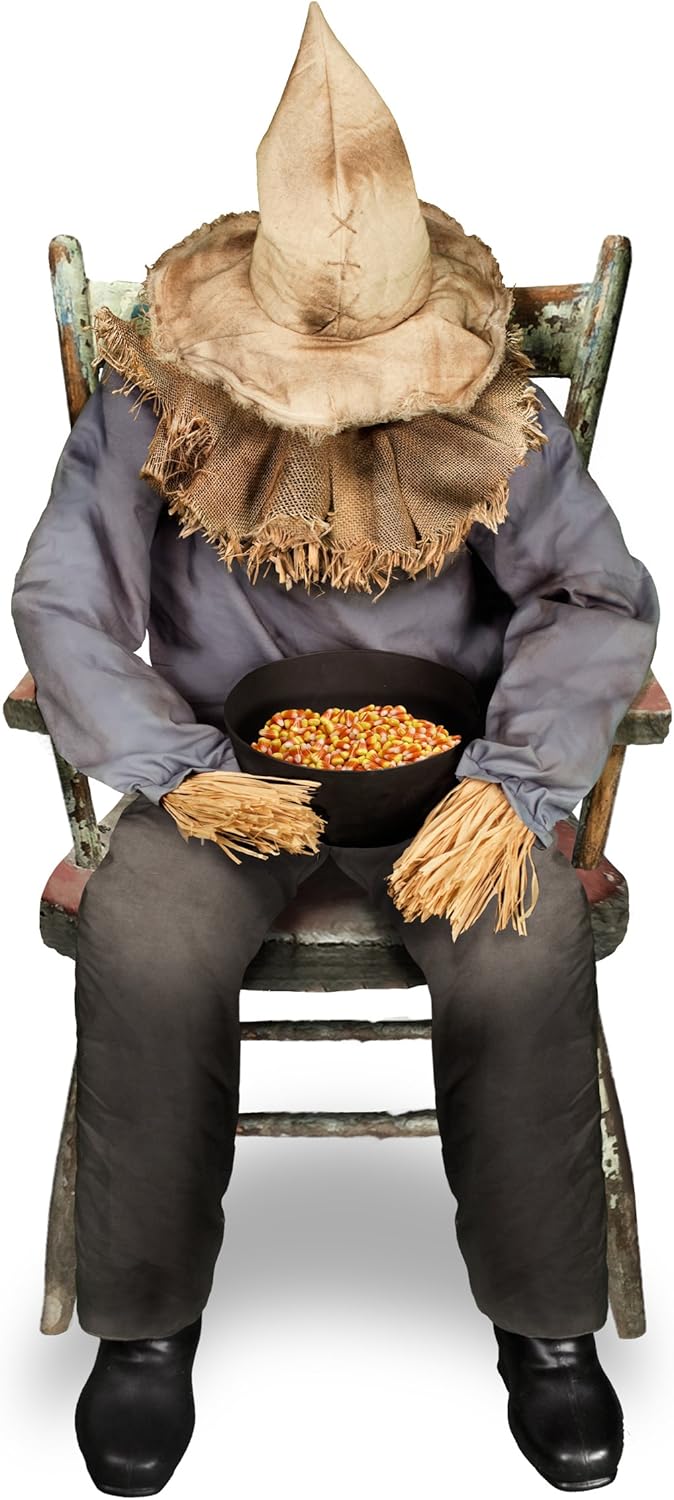 Sitting Scarecrow Animatronic for Halloween Decor and Horror Fun