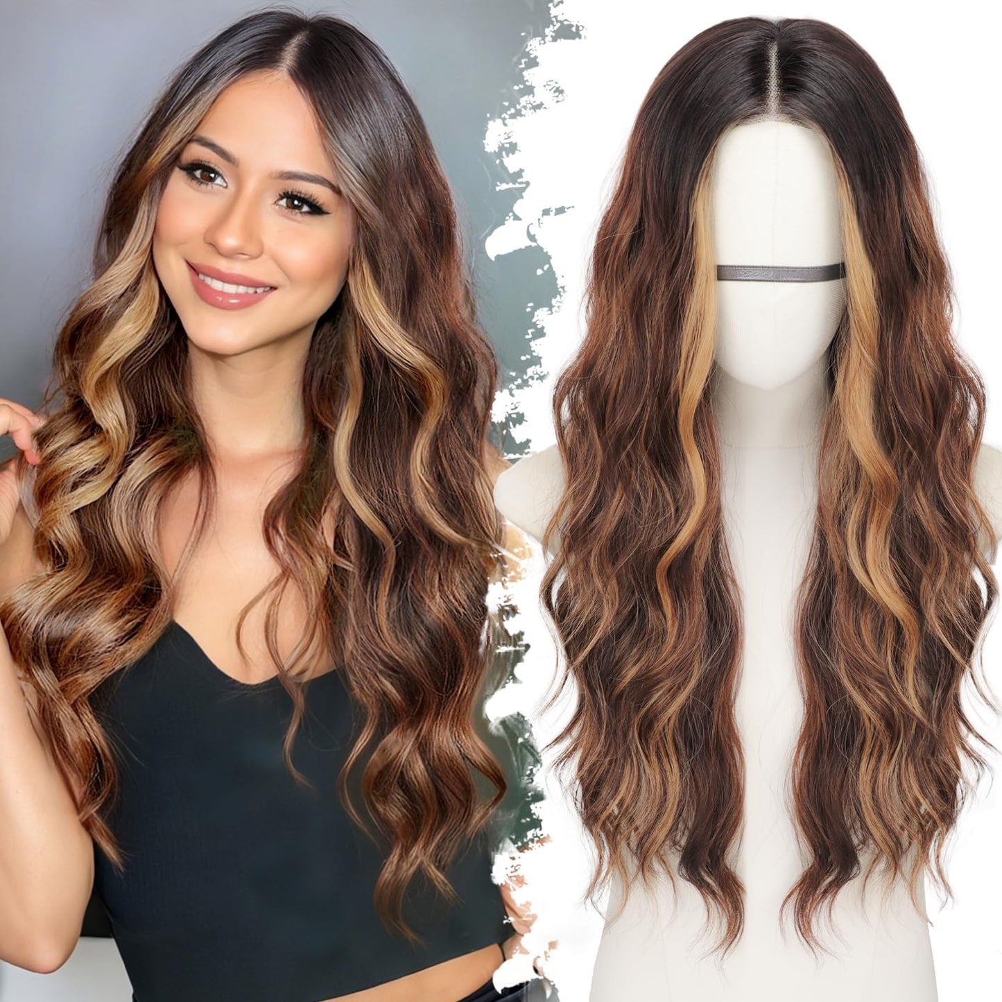 Brown Highlight Long Wavy Wig for Women - 26 Inch Synthetic Style