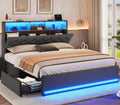 Queen Bed Frame with Hidden Storage Headboard & 4 Drawers - LED
