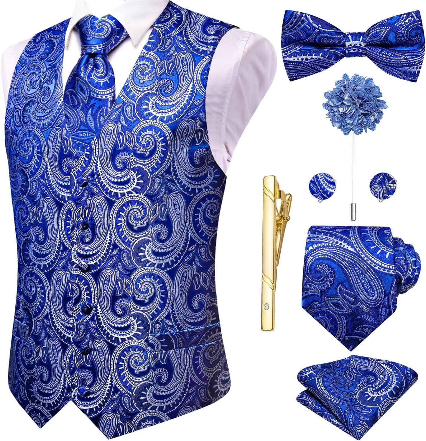 Hi-Tie Silk Mens Suit Vest Set with Tie and Bowtie for Weddings