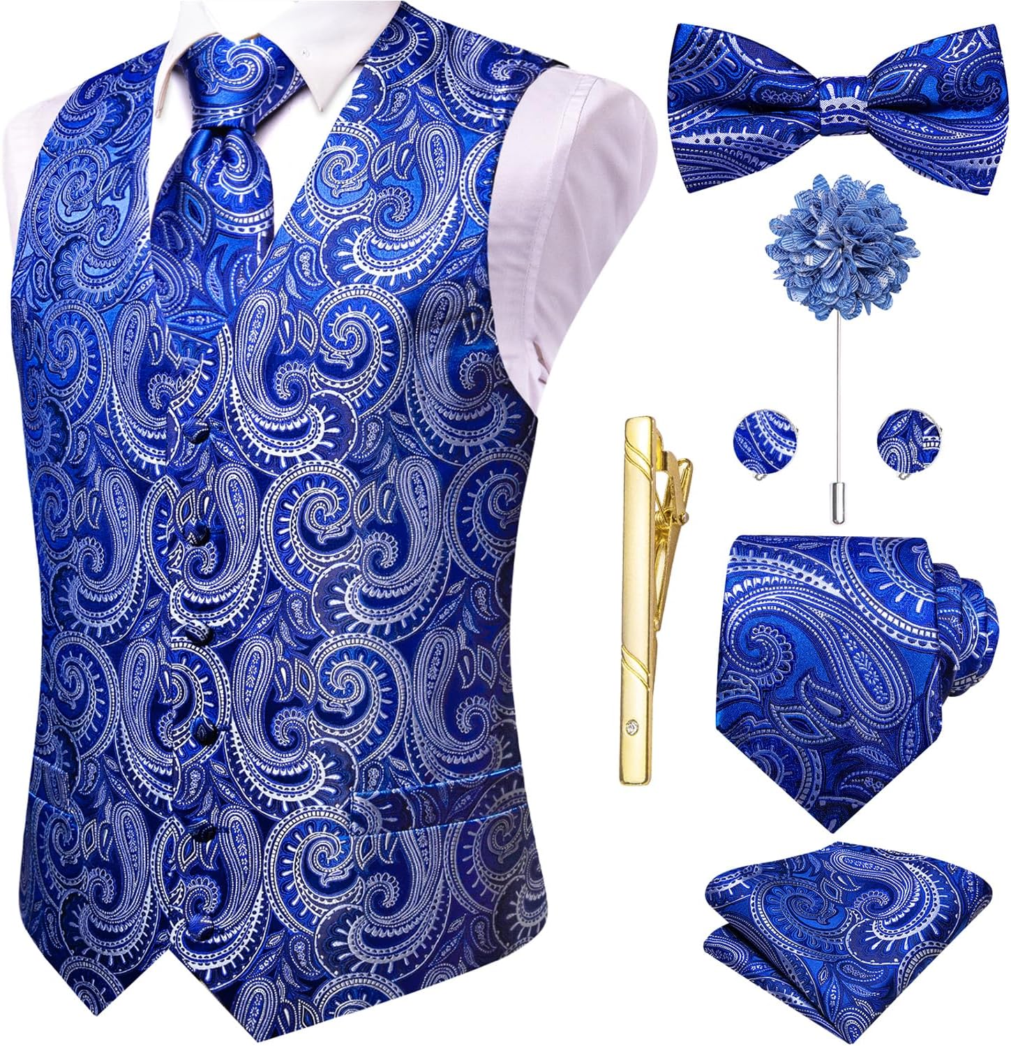 Hi-Tie Silk Mens Suit Vest Set with Tie and Bowtie for Weddings