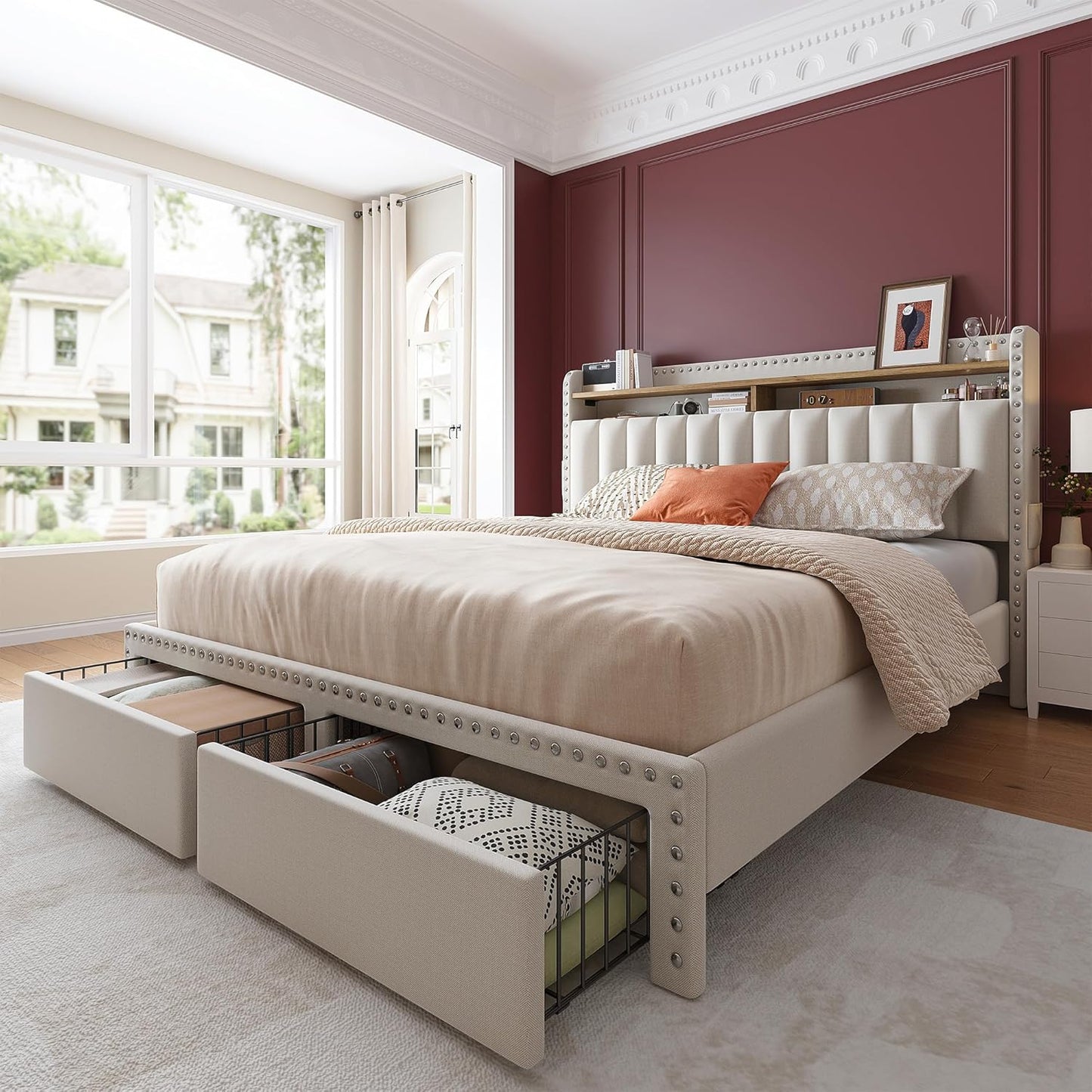 EnHomee Full Size Bed Frame with Storage Headboard and Drawers