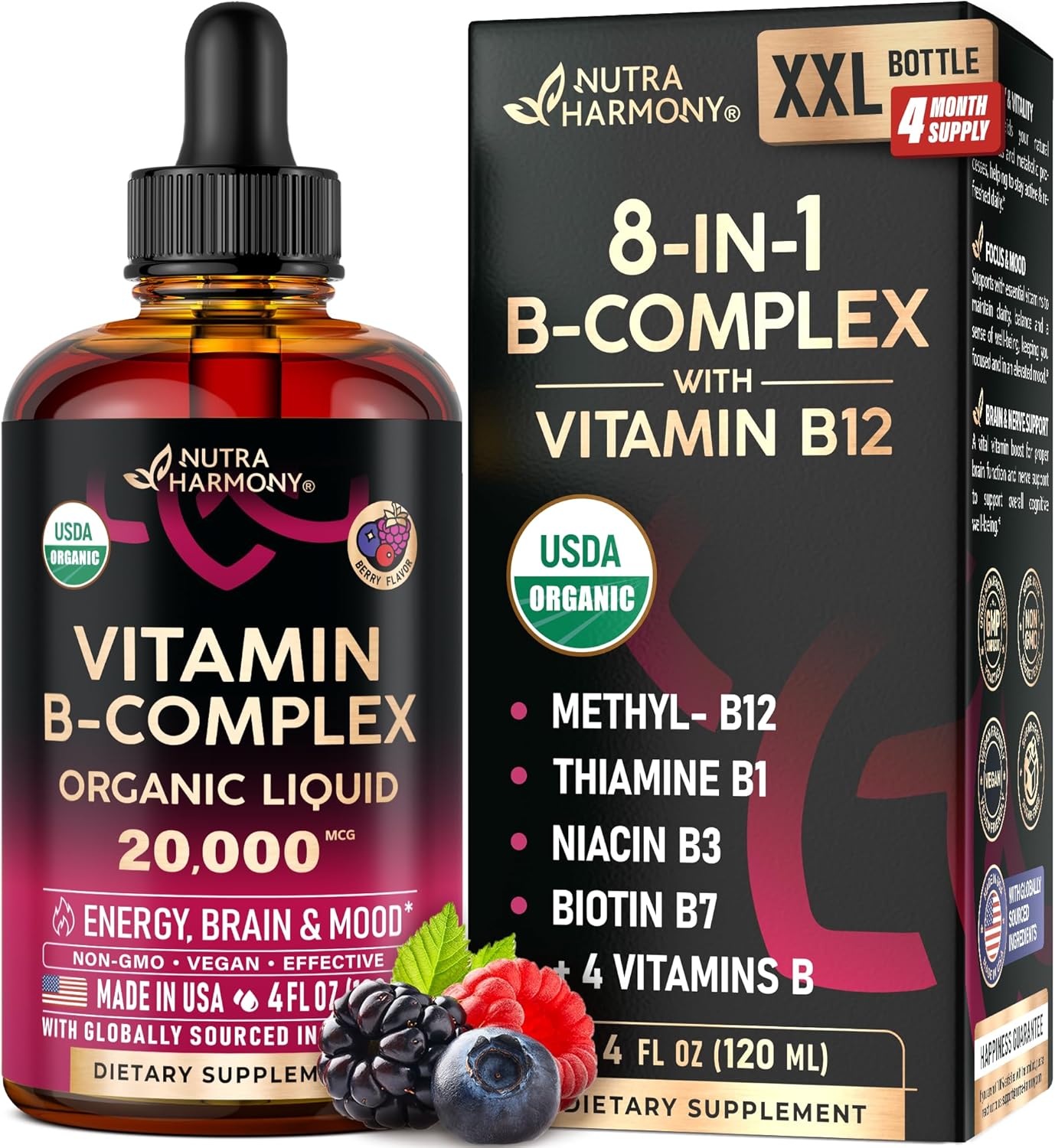 USDA Organic Vitamin B-Complex Liquid Drops for Energy Boost