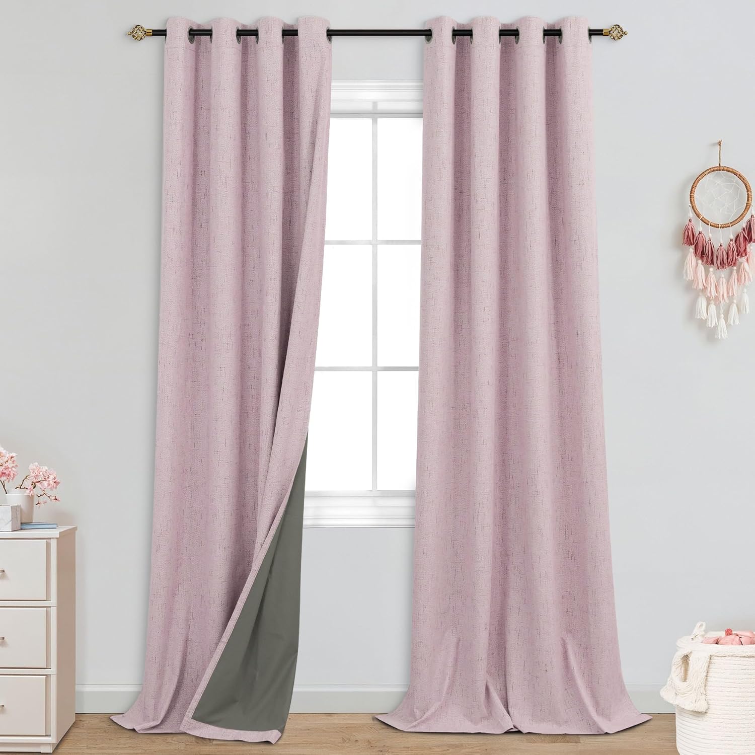 Mrs.Naturall Pink Grommet Linen Blackout Curtains for Home