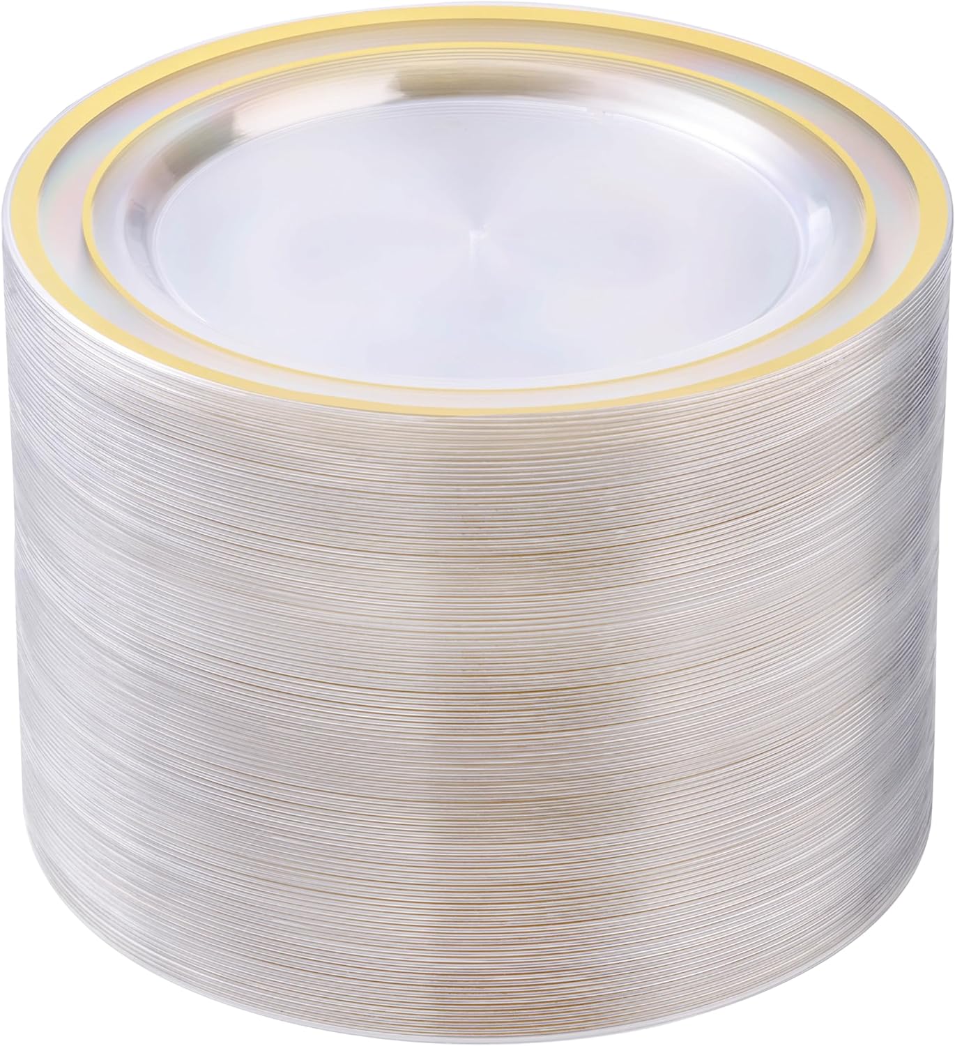 100PCS Clear Plastic Party Plates, Elegant Gold Rim, Disposable for Weddings, 10.25 Inch