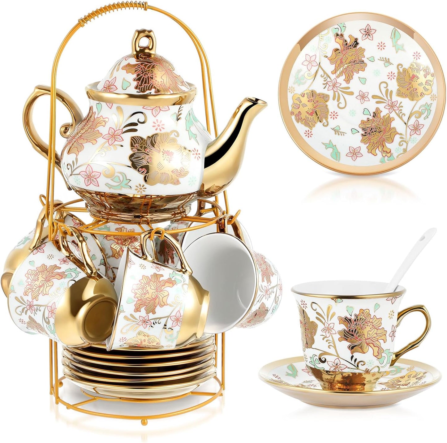 Elegant Porcelain Tea Set with Metal Holder and Spoon for Parties